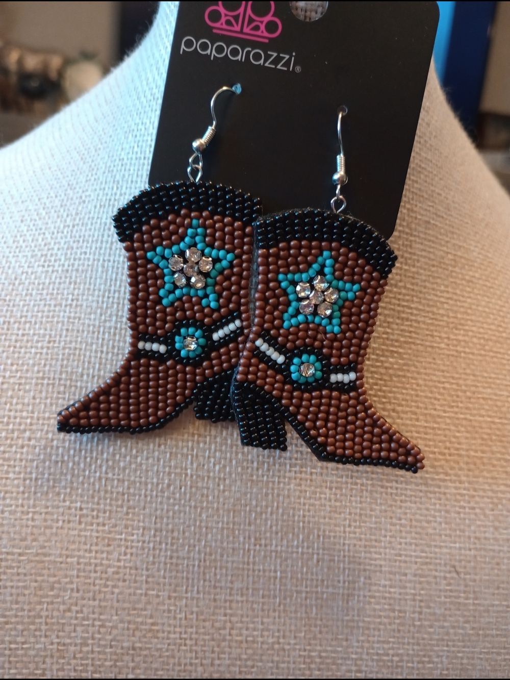 Paparazzi Brown and Turquoise Beaded Cowboy Boot Earrings